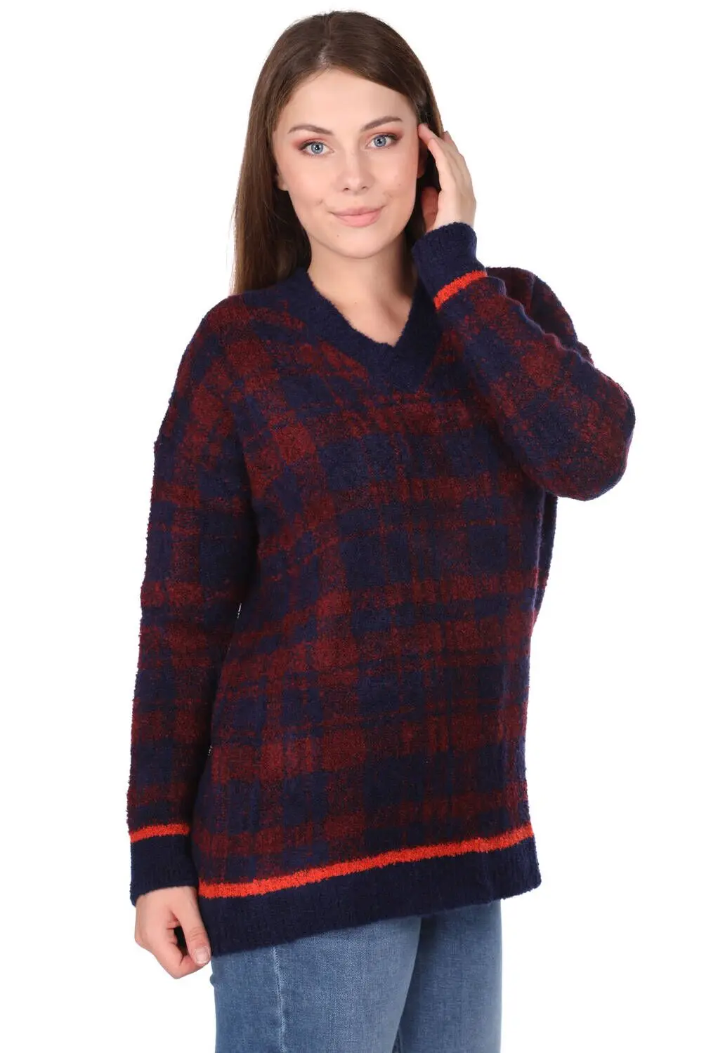 

Women Navy Blue V Neck Plaid Knitwear Sweater