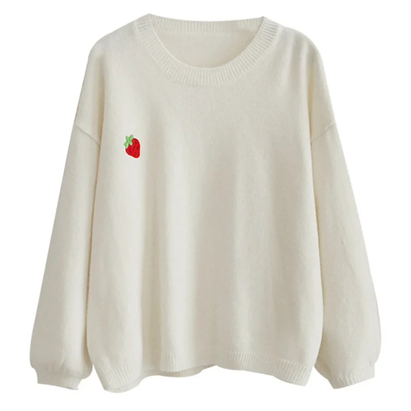 

Autumn/winter new versatile loose and sweet fruit embroidered T-shirt