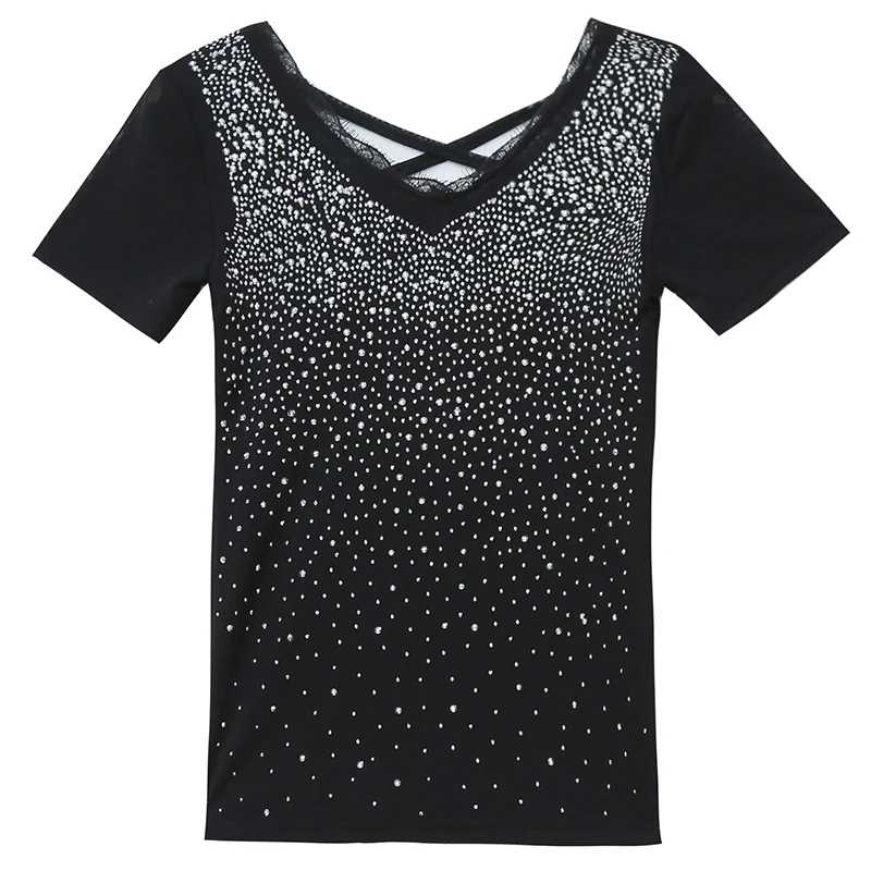

Europe Summer Rhinestone Mesh Sexy T-Shirts Women Short Sleeve Lace V-Neck Fashion Tees Black Backless Streetwear Slim Tops
