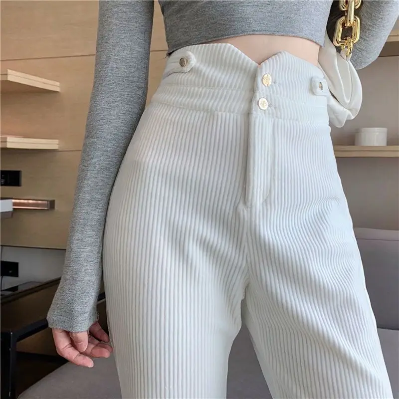 

2022 New Winter Women French Style Vintage Corduroy Pant Thicken High Waist Loose Thin Boot Cut Pant Split Wide Leg