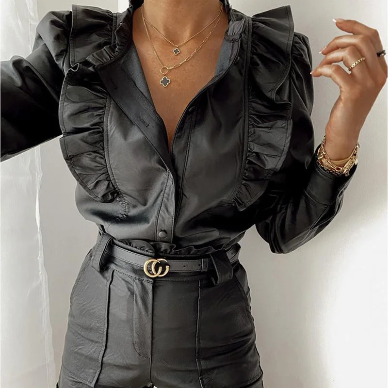 

Faux PU Leather Blouse Women Turn Down Collar Button Long Sleeve Ruffles Shirts Blouses Casual Ladies Top Blusas