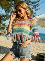 maycaur 2022 spring and summer new knitted sweater womens handmade crochet tops stitching hollow color bikini beach shirt