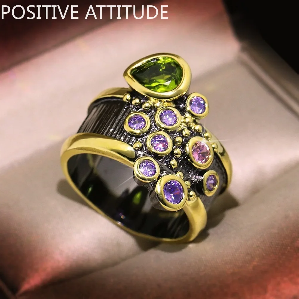 Женское кольцо с фианитами золотистое и черное в стиле ретро для танцев