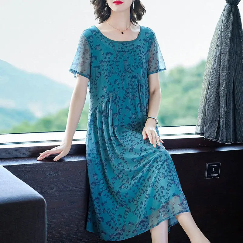 

2021 Summer O-Neck Short Sleeve Dress Women Fashion Floral Print A-Line Long Dresses Ladies Elegant Bodycon Party Vestidos Y297