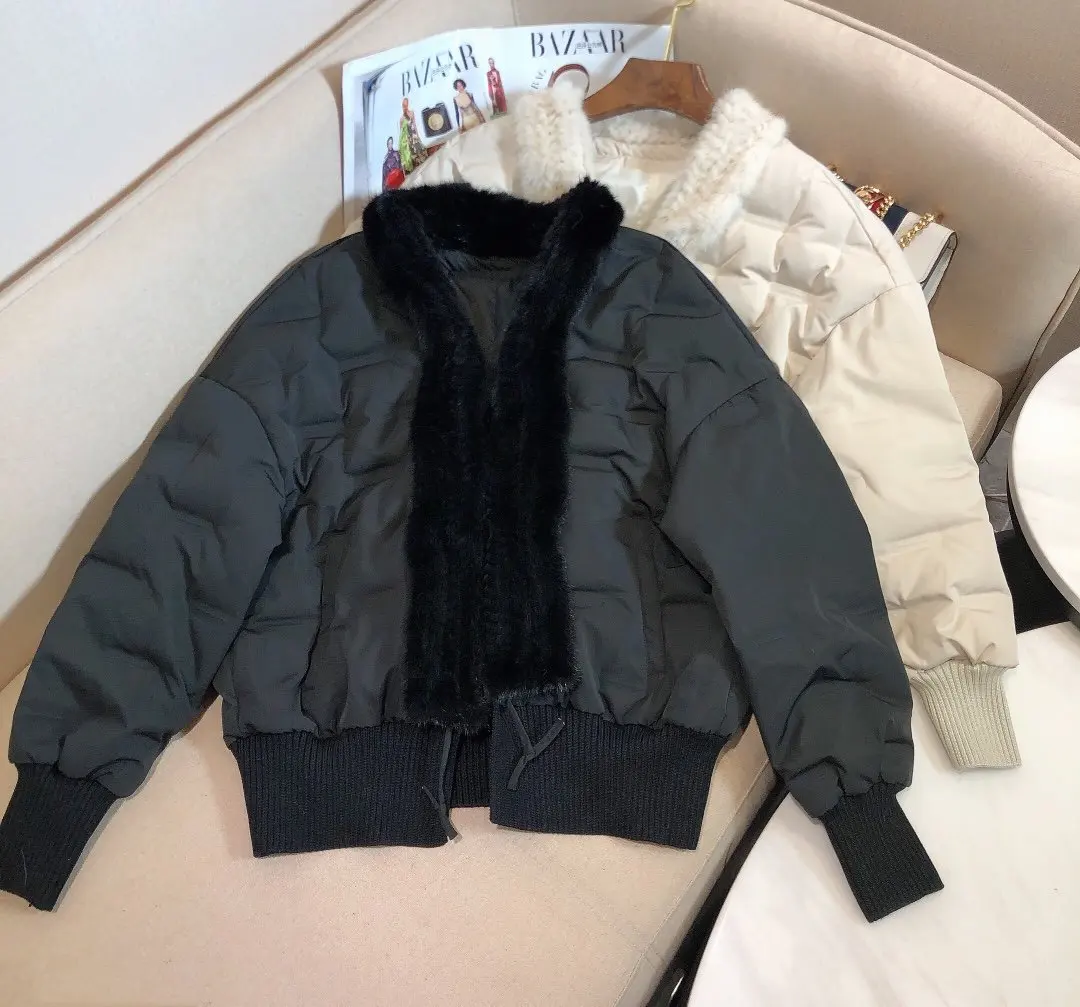 

new ladies 2021 high quality fashion long sleeve V-neck mink fur collar stitching down jacket 1201