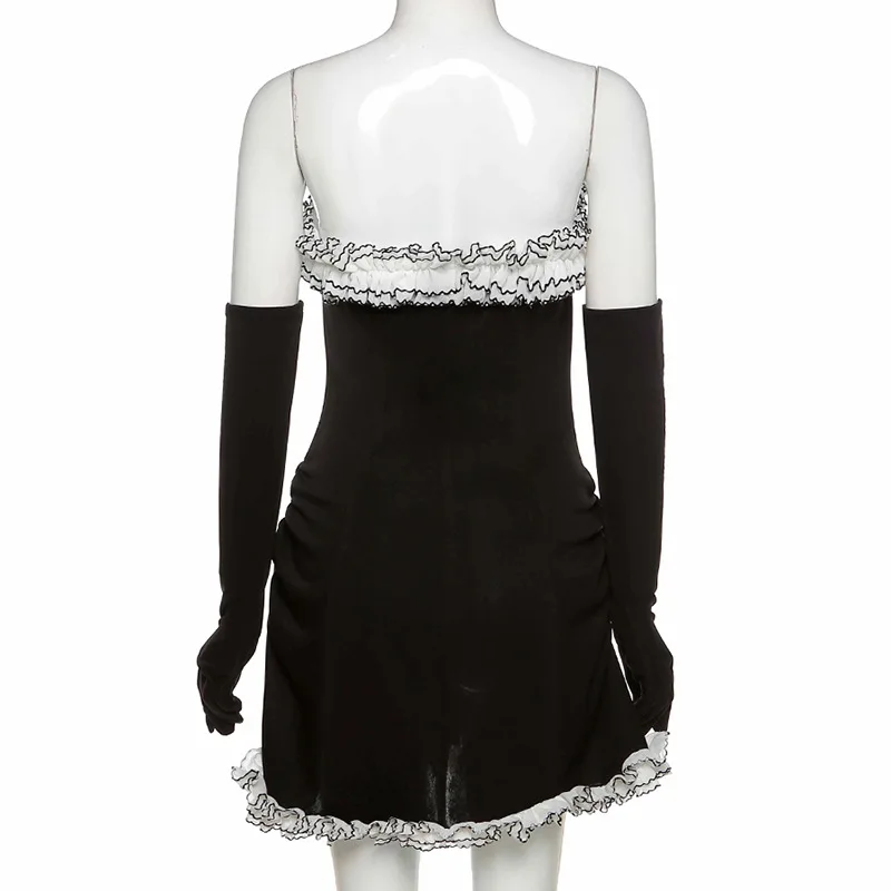 

ALLNeon E-Girl Streetwear Ruffles Off Shoulder Mini Dresses Y2K Vintage Ruched Slit Strapeless A-line Dress Mall Goth Outfits