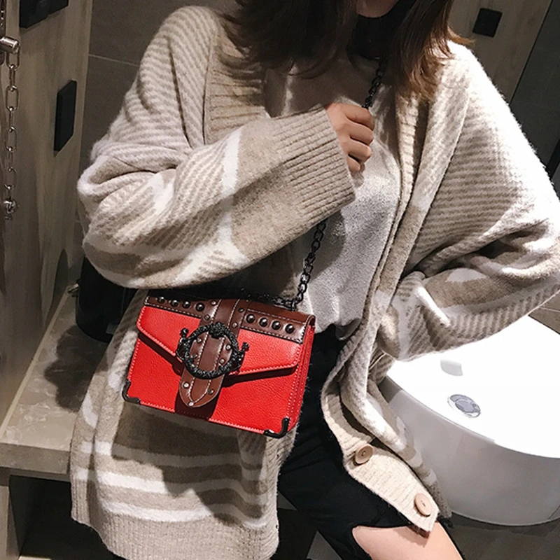 

Fashion Female Square Bag New Quality PU Leather Women's Designer Handbag Rivet Lock Chain Shoulder Messenger Bags