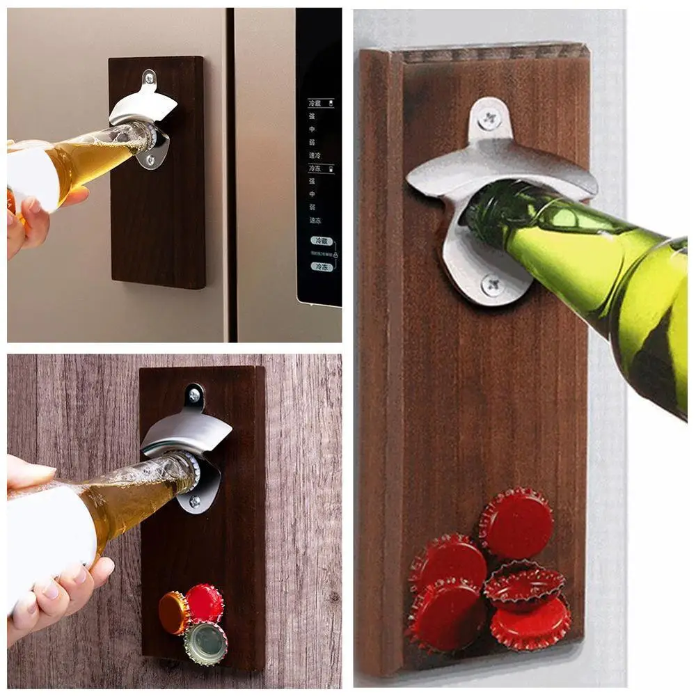 

Wall Mounted Bottle Opener with Magnetic Cap Catcher Wooden Magnets Mount Decor Day Wood For Dad Refrige with Fathers Gifts L8A6