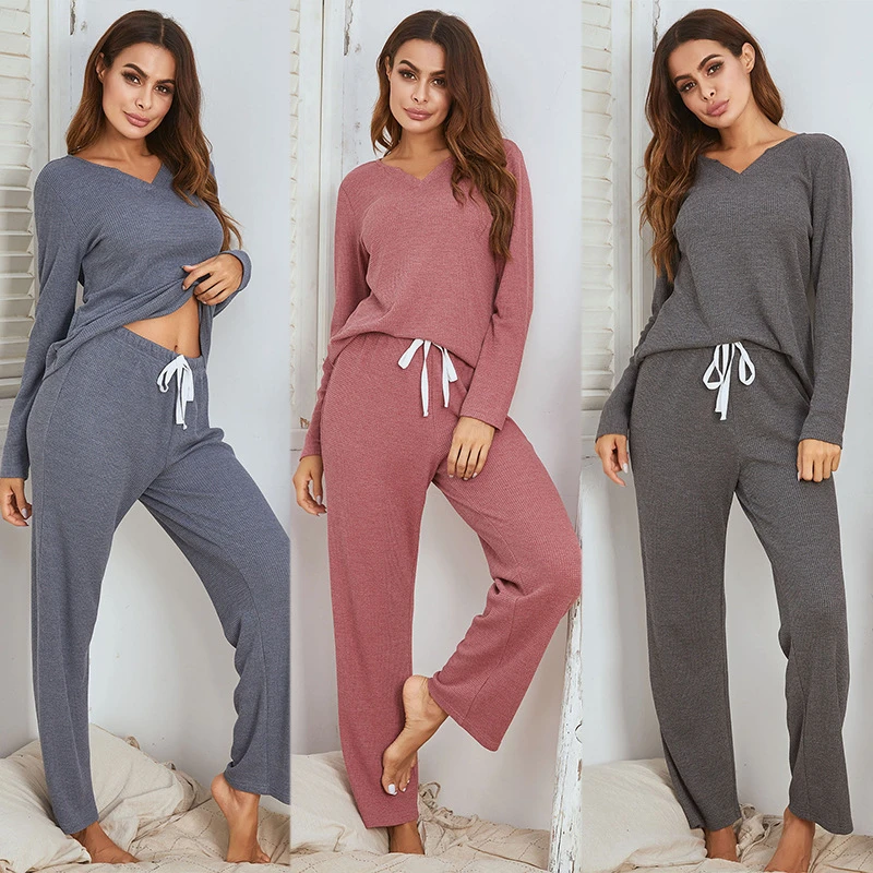 

2021 New Fashion Long-Sleeved Trousers Ladies Pajamas Sets V Neck Simple Style Lingerie Women's Loose Four Seasons Homewear