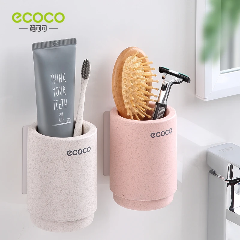 ECOCO Magnetic Adsorption Toothbrush Holder Wheat Straw Mouth Cup Toothpaste Storage Rack Wall Mounted Bathroom Accessories Sets