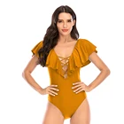 Для женщин рюшами купальник, открытая спина, купальник, в винтажном стиле; Для похудения Монокини летняя пляжная одежда пикантные желтые цельный ванный комплект S  XL