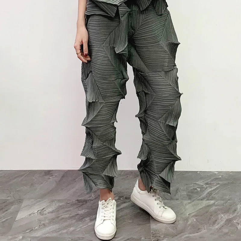 grey pants 2 шт. наряды для женщин Miyake складки пожалуйста однотонный повседневный комплект пуловер футболка длинные широкие брюки осенний модный костюм - Цвет: grey pants
