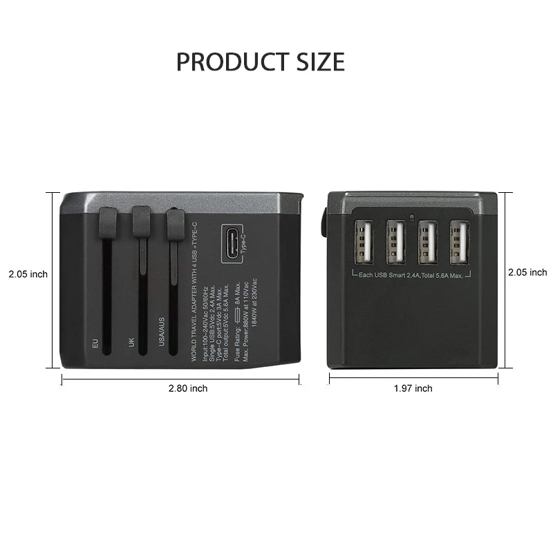 PD 18 Вт Международный Универсальный дорожный адаптер с 4 usb портами зарядное