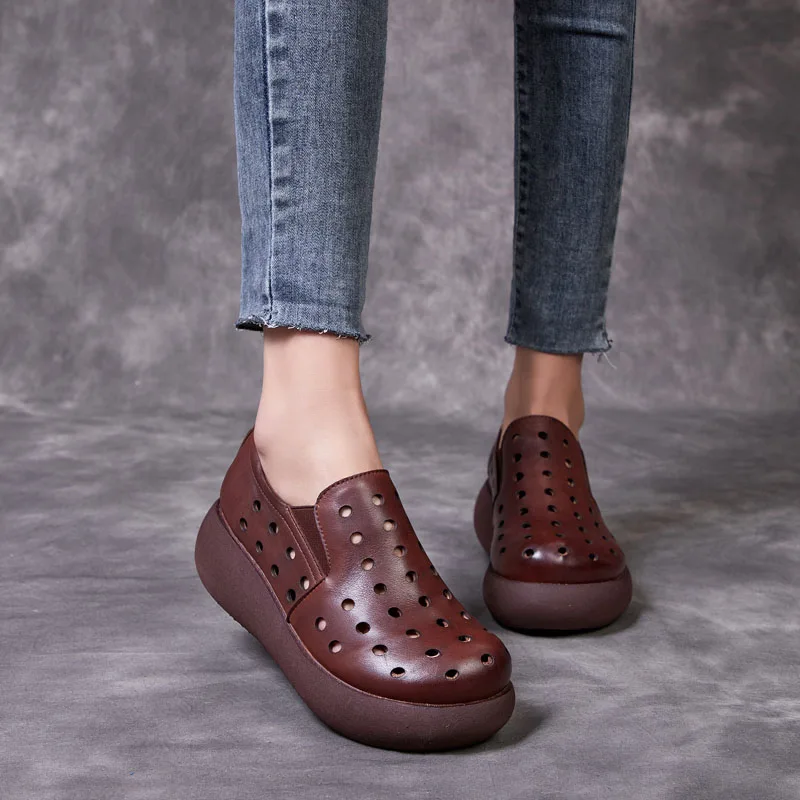 

Brand Women Summer Shoes Female Genuine Cow Leather Thick Bottom Hollow Breathable Pumps Footwear Ladies Wedges Platform Shoes