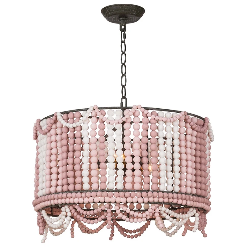 Деревянный подвесной светильник Лофт розовый/белый деревянный вышитый бисером