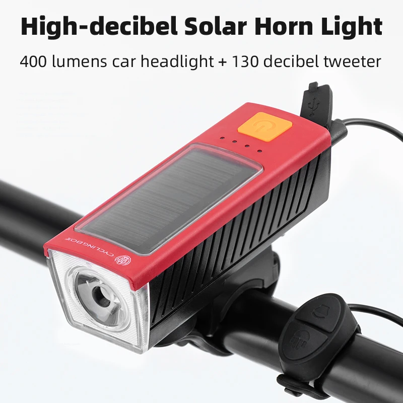 

High Decibel Bike Front Light Usb Rechargeable Waterproof Solar Energy Bicycle Horn Lamp Powerful MTB Night Riding Flashligh