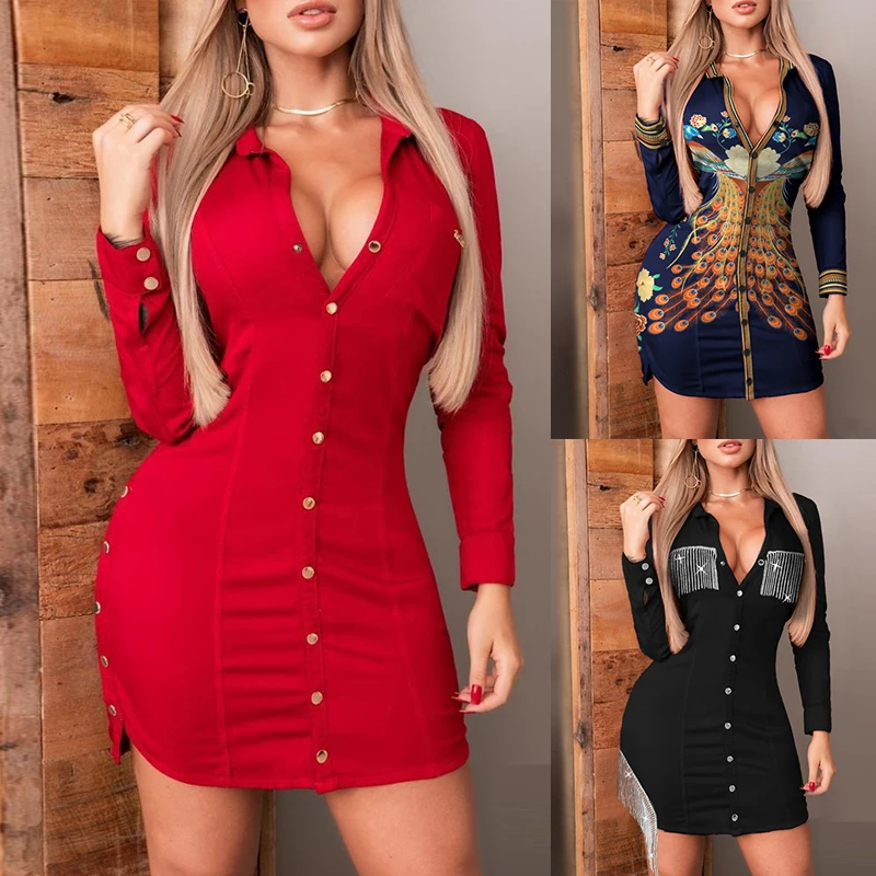 

Women Spring V Neck Sexy Long Sleeve Shirt Dresses Turn Down Collar Button Side Slit Red Casual Dress Female Chic Club Vestidos