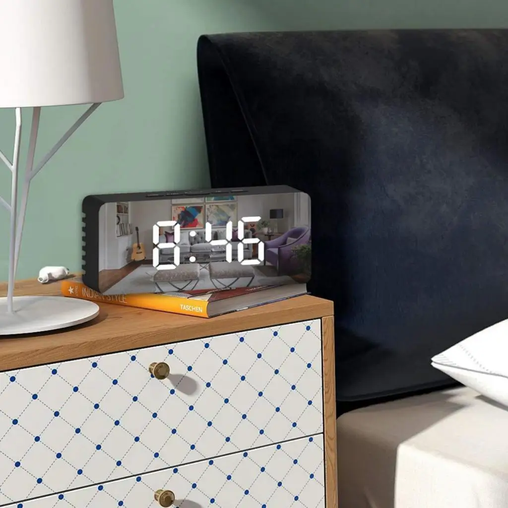 

Black Shell White Light Digital Alarm Mirror Clock Dimmer,Snooze,Indoor