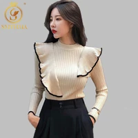 smthma vintage ruffles short knitted sweater women women sweater o neck long sleeve pullovers chic sweet tops