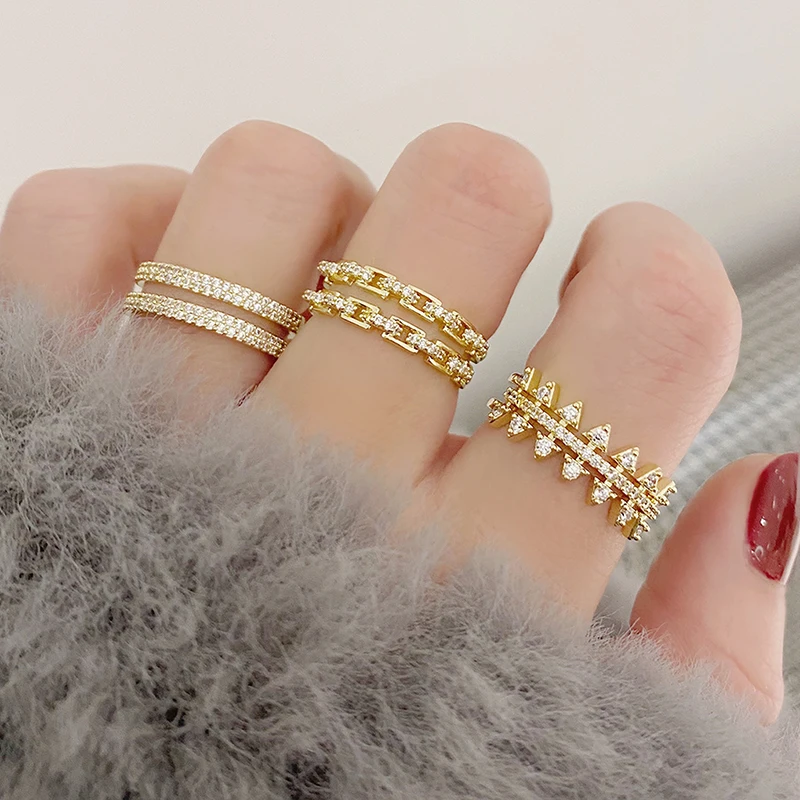 

Korean 2021 New Arrive Double Layers Chain Ring for Women AAA Cubic Bling Zircon CZ Plated 14K Real Gold Rings Bijoux Anillos