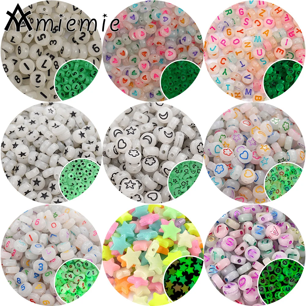 50Pcs Luminous Flat Star Acrylic Beads Moon Smiley Glow In The Dark Digital Letter Spacer For Making Bracelet Necklace - купить по