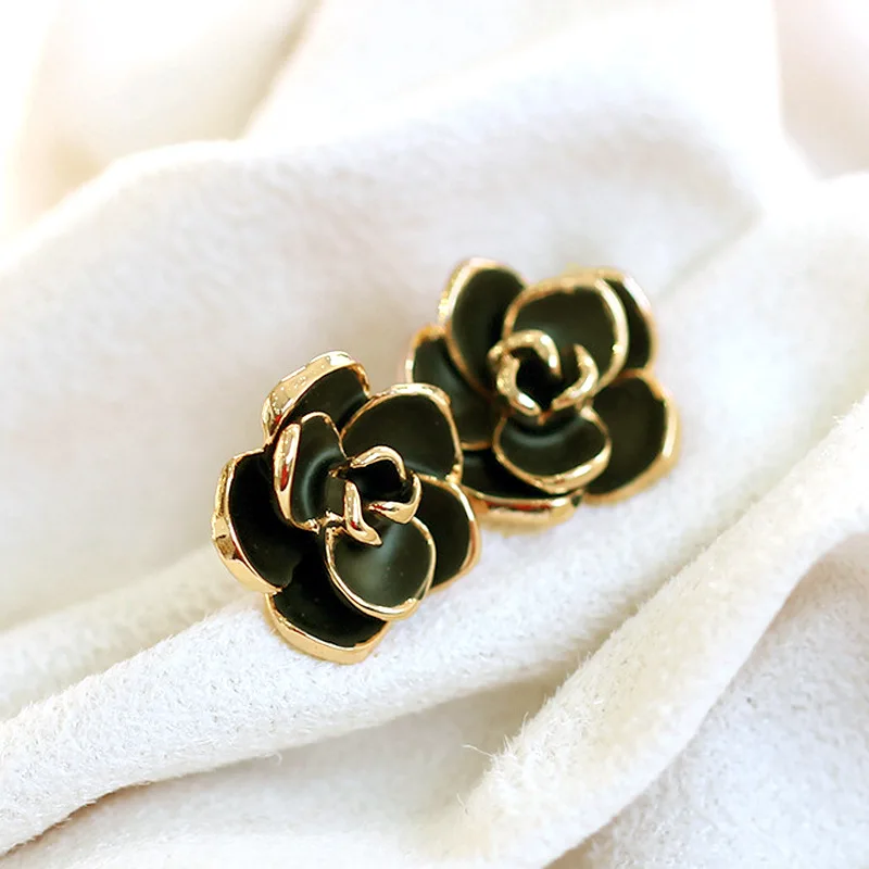 18K позолоченные серьги гвоздики с черной розой для женщин|Ювелирные наборы| |