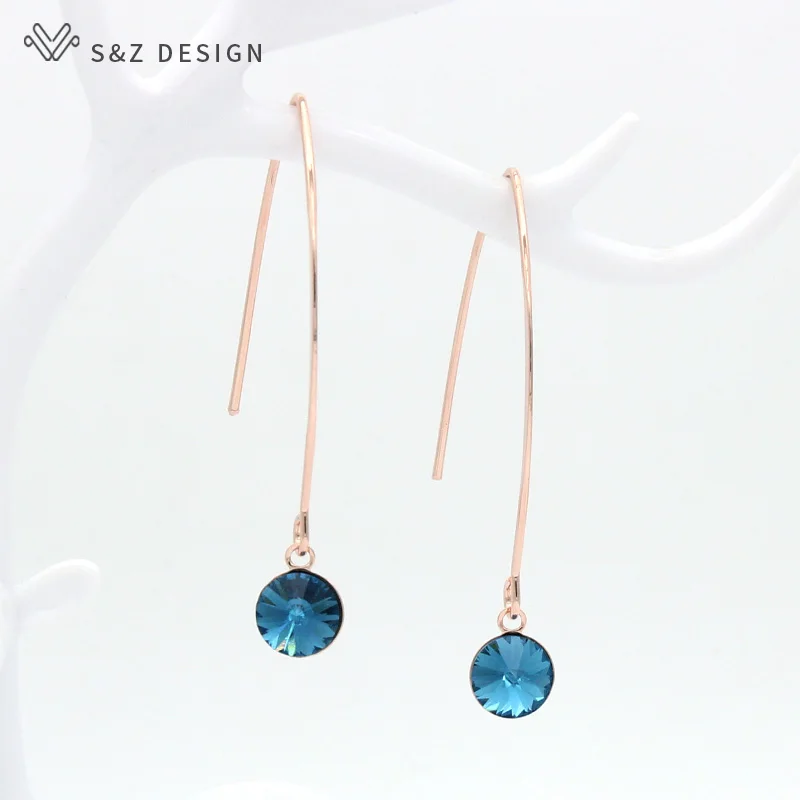 

S&Z DESIGN Korean Fashion Long Round Colorful Crystal Dangle Earrings For Women Girl Wedding Jewelry 585 Rose Gold Eardrop