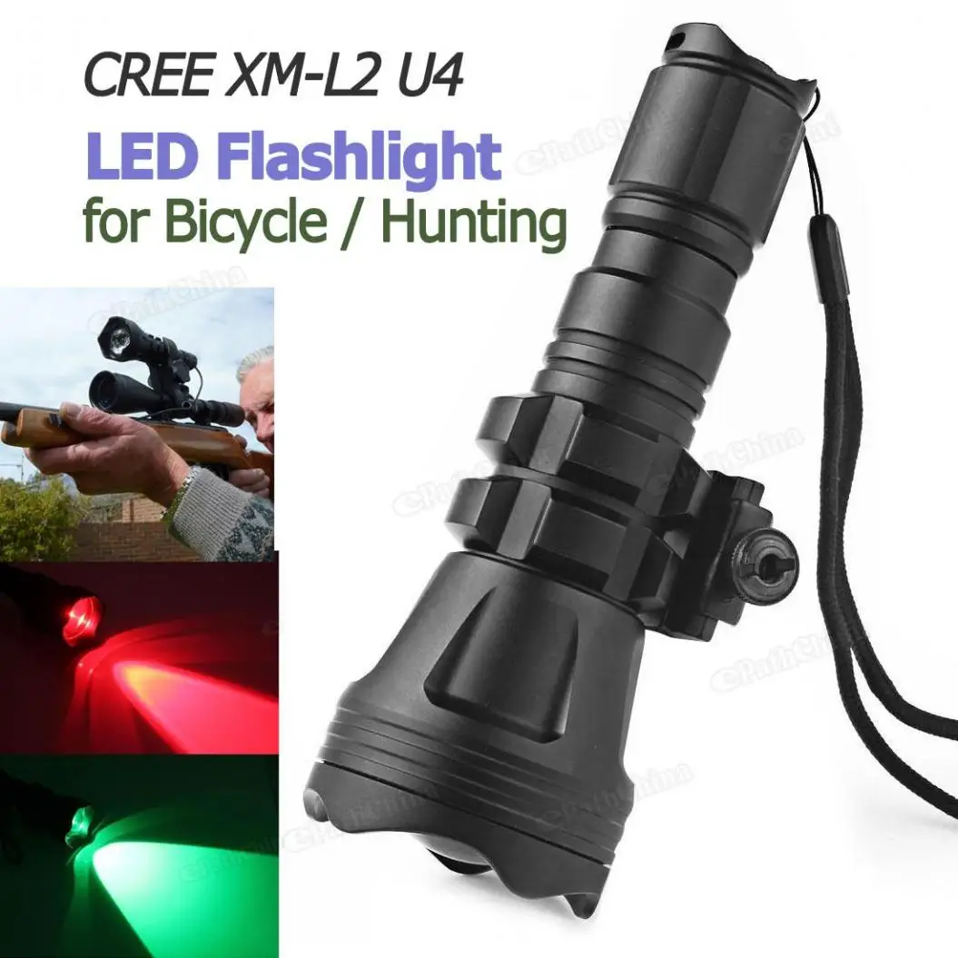 

900LM B158 Convex Lens Zoom Tactical Flashlight XM-L2 U4 LED Torch Hunting Light with 3 Bulbs Red/ Green/ White