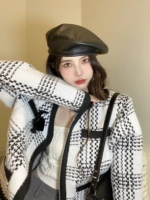 2021 autumn french temperament black wire color contrast bowknot xiaoxiangfeng coat lattice black white sweater loose cardigan
