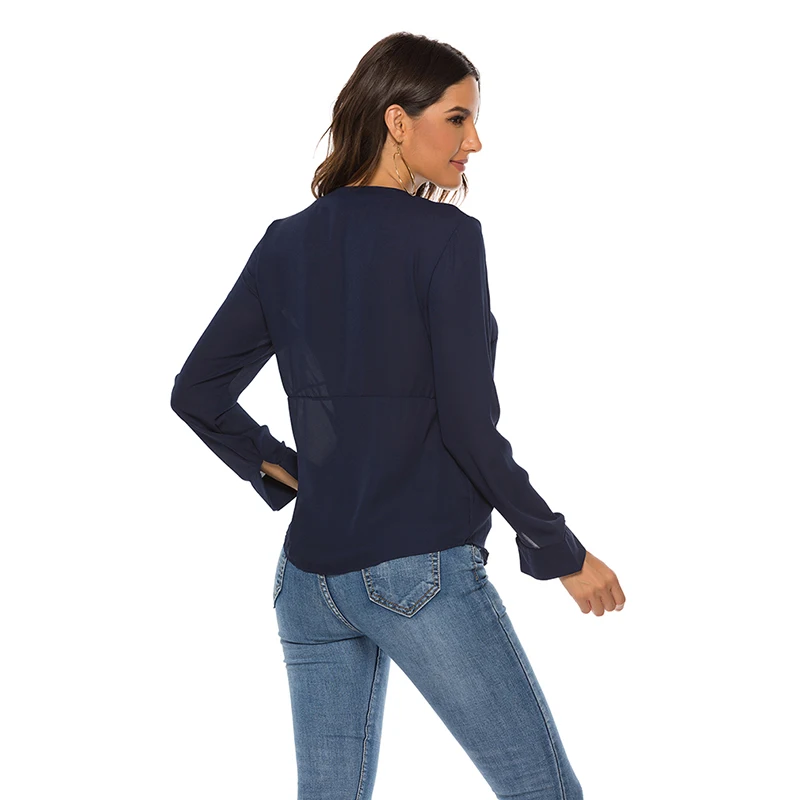 

Solid Color Button Blouse New Long Sleeved Slim Asymmetric Blouse Casual Wild Loose Chiffon Blouse