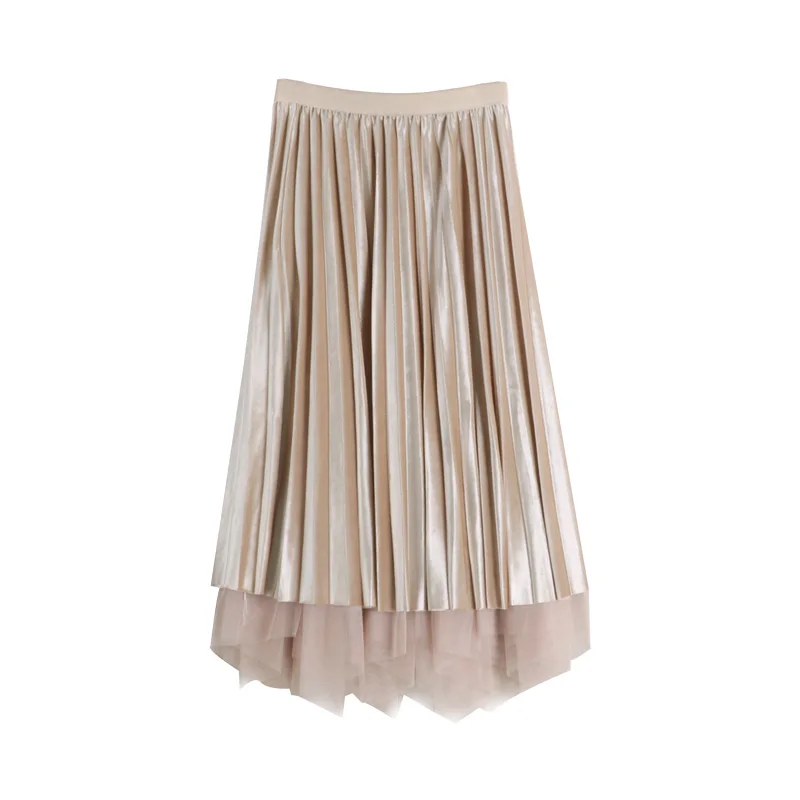 

skirt with irregular mesh on both sides medium length skirt in autumn and winter women's high waist thin pleated skirt