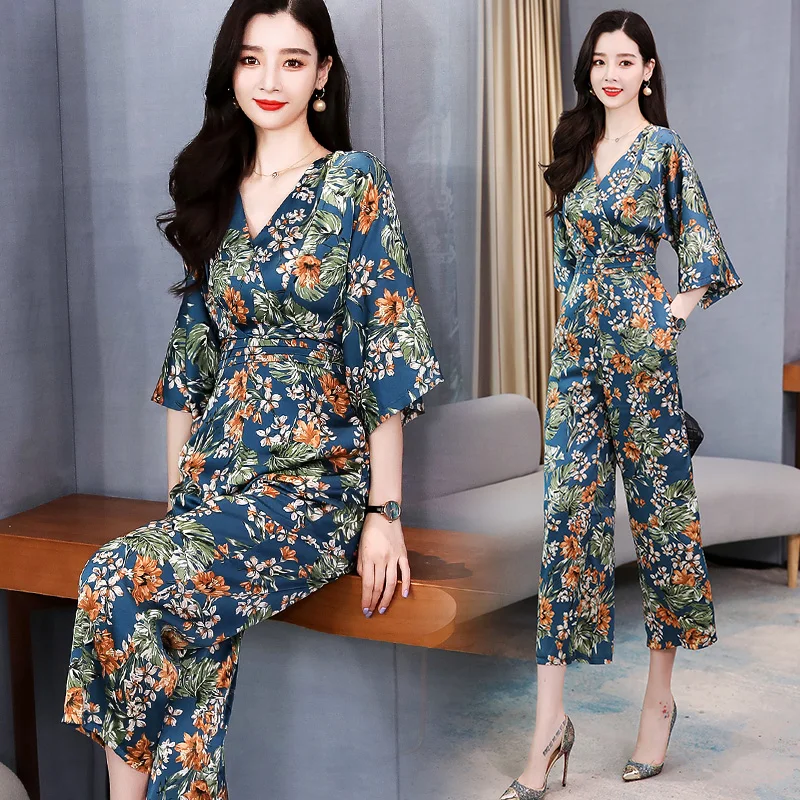 Женские комбинезоны длинные брюки с широкими штанинами и цветочным принтом лето