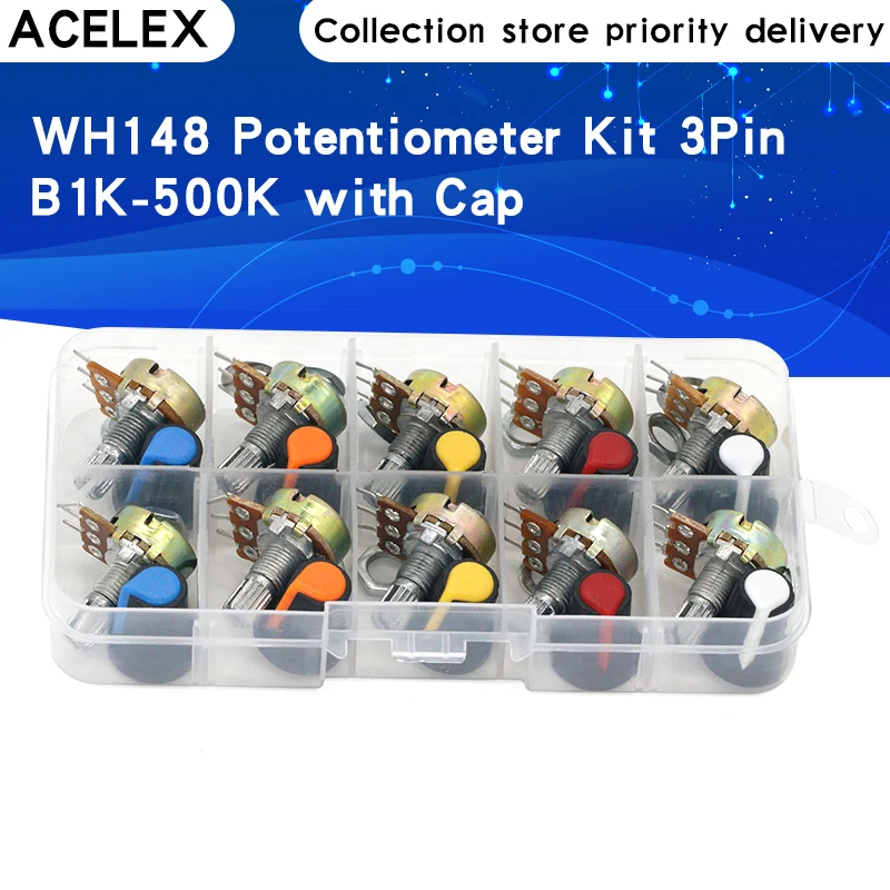 

WH148 Potentiometer Kit B1K 2K 5K 10K 20K 50K 100K 500K 1M 15mm Linear Taper Rotary Potentiometer Resistor Set 3pin With Cap