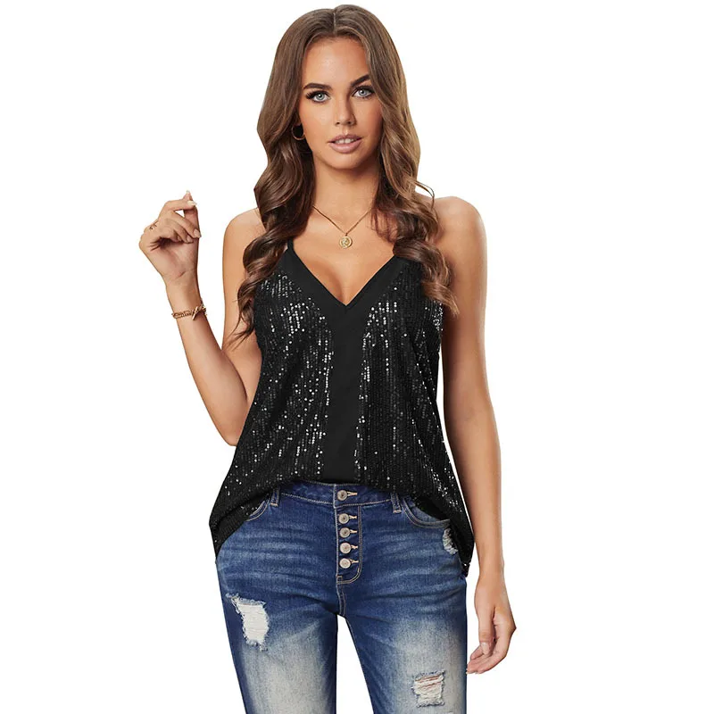 

Time Ying lace sling bottom vest girl 2021 summer outside wearing loose European and American sequined sling shirt top