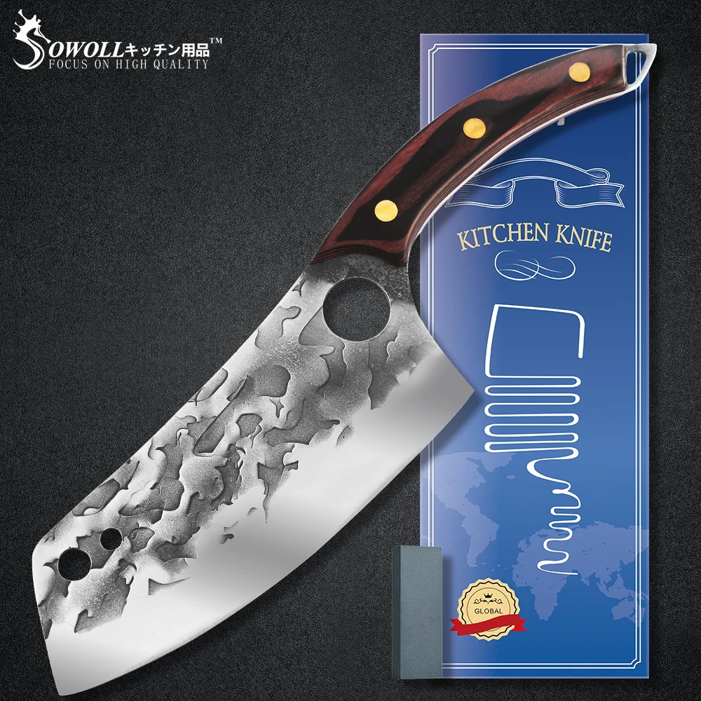 

Sowoll 7.5 INCH High Carbon Steel Cleaver Butcher Knife Full Tnag Slaughter Fillet Boning Knife New Year Gift Sharpening Stone