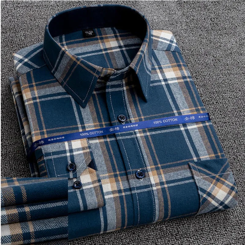 

6XL Plaid Shirt Oversized Button Up Shirt Sanding Wool Pure Cotton Longsleeve Shirt for Men Clothing Casual Slim Fit Shirt Men