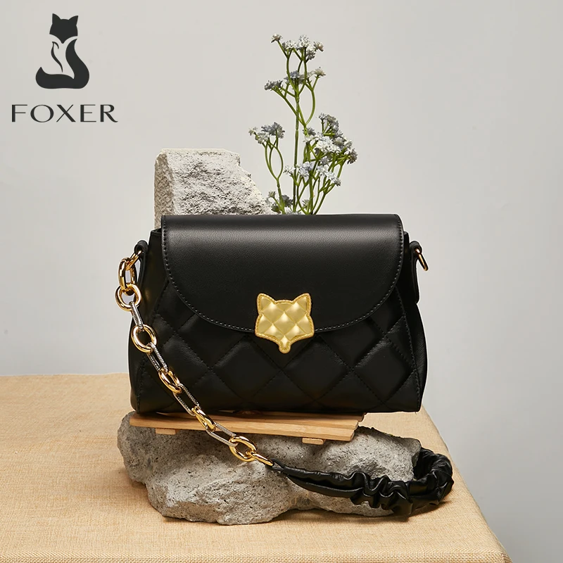 

FOXER Lady Fashion Classic Diamond Check Split Leather Handbag Niche Design Armpit Shoulder Bag Woman Stitching Chain Qquare bag