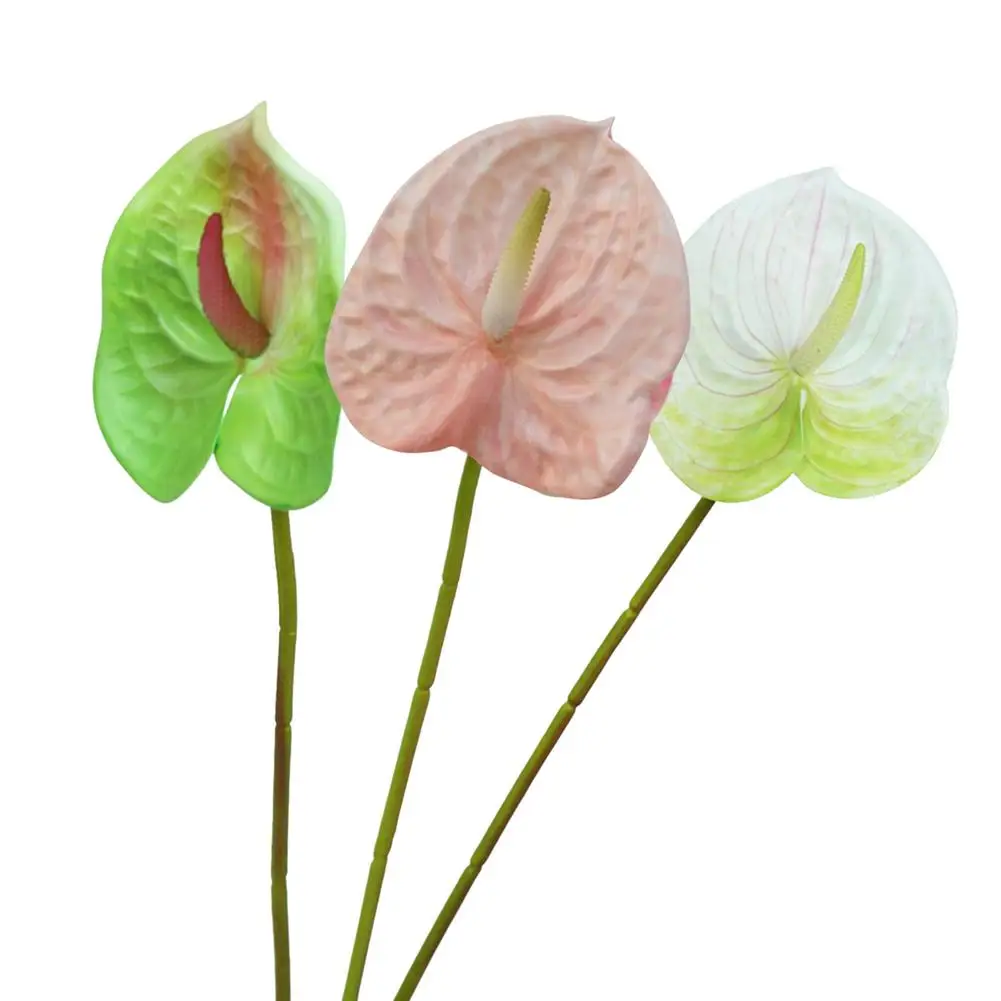 

3 PCS Natural Anthurium Artificial Flowers For Home Decor Bouquet Green Leaf Bridal Festival Flower Desktop Display Decoration