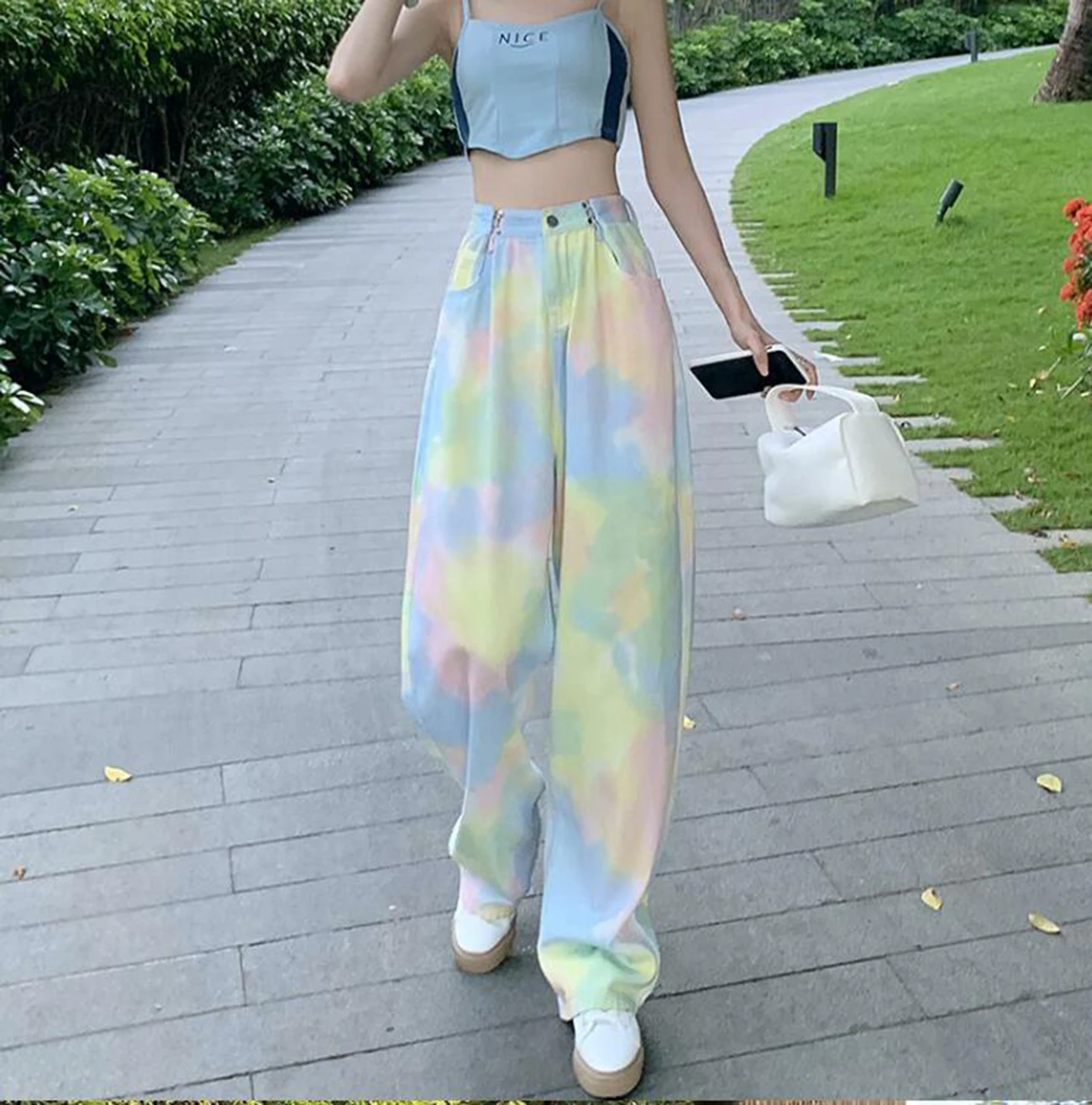 

Spring and autumn Women's denim trousers Fshionable Street wear Ladies Rainbow Tie dye high-waist Slim wide-leg Long Pants