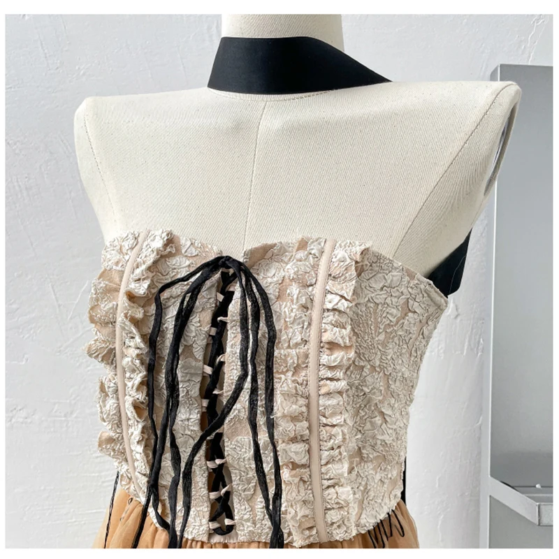 

[EAM] Women Khaki Bandage Pleated Long Strapless Dress New Sleeveless Loose Fit Fashion Tide Spring Summer 2021 1DE0733