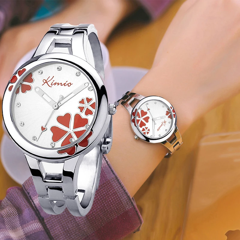 Kimio Brand  Women Bracelet Wristwatch Ladies Quartz Watch Stainless Steel Clover Crystal Female Dress Watches For Woman Clock