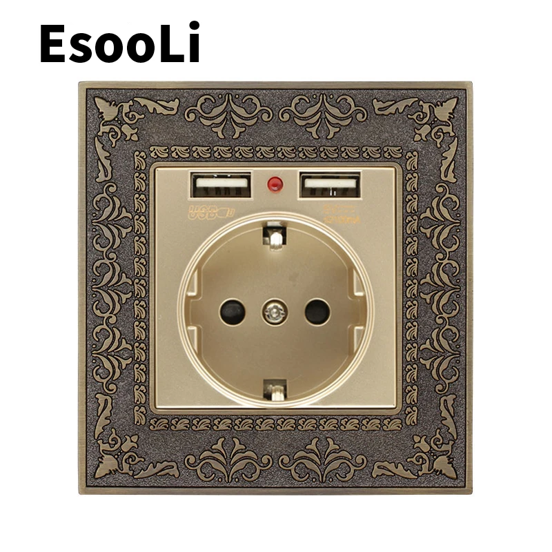 EsooLi 16A EU Standard Gold Power Socket 4D Embossing Retro Zinc Alloy Panel Wall AC 110~250V | Обустройство дома