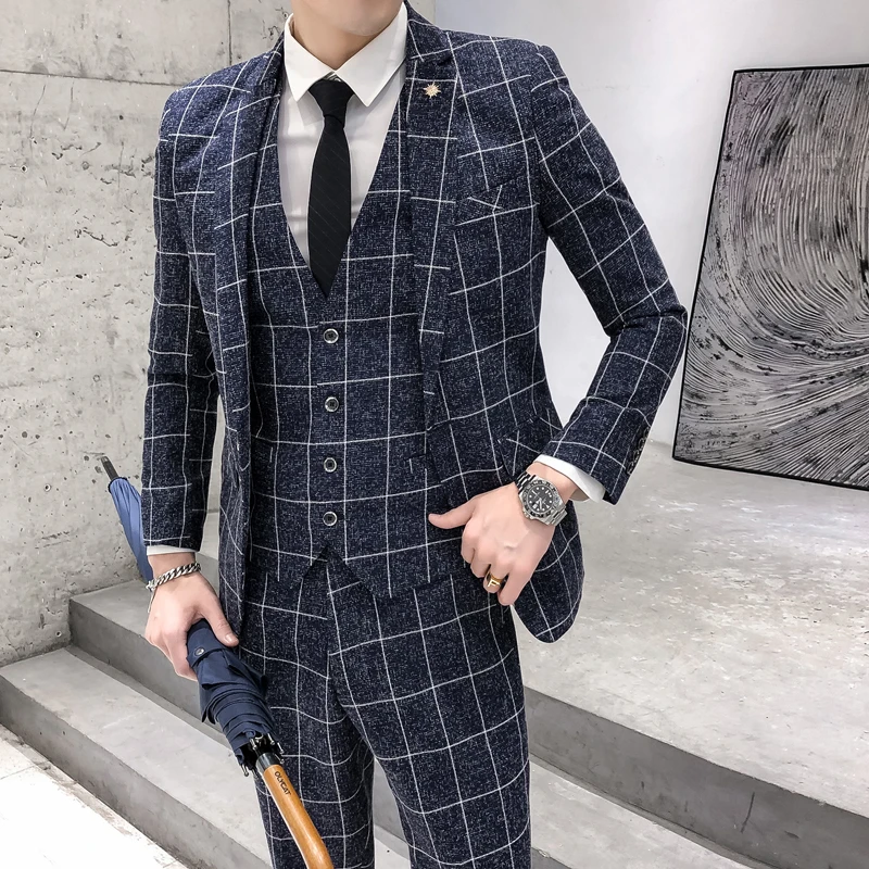 

New Wedding Dress For Man Suits Slim Fit Plaid Suits New Man Jackets+Pants 2 pieces High Quality Men Smart Casual Suits Blazer
