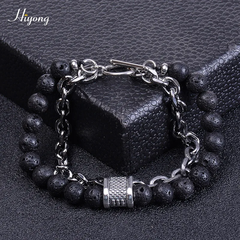 HIYONG Lava Rock бисерный браслет для мужчин натуральный камень тигровый глаз браслет из нержавеющей стали браслеты на цепочке мужские ювелирные изделия подарки - Окраска металла: Lava Stone Bracelet