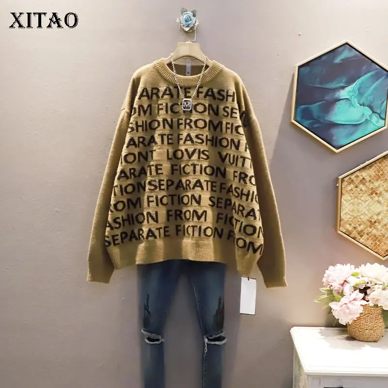 

XITAO Letter Knitting Pullover Sweater Loose Fashion Contrast Color Women 2021 Winter New O-neck Collar All-match Top GWJ1596