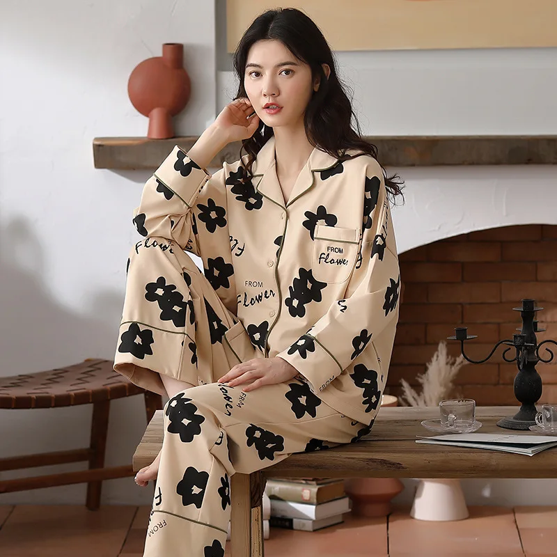 

Spring And Autumn Medium Thick Double-sided Cotton Women's Lapel Long Sleeve 2pcs Warm And Comfortable Home Pajamas Women's Suit