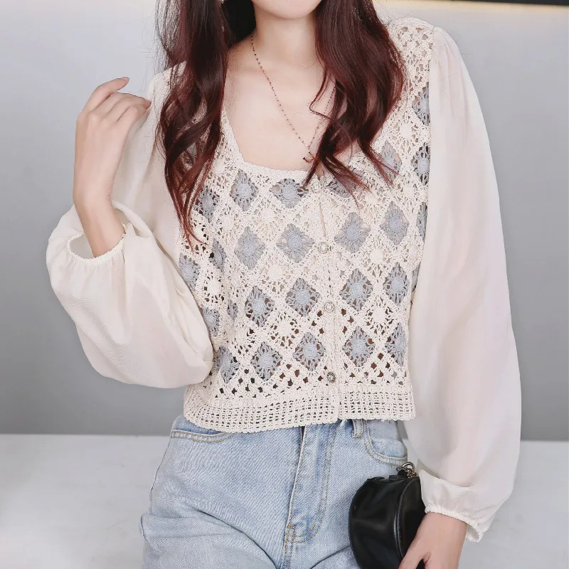 

New Fashion Chiffon Blouse Women 2021 Summer Hollow Out Lace Sexy Women Blouses Long Sleeve Shirts Crocheted Cardigan Top