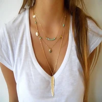boho long tassels bead necklace multi layer feather pendant chains necklaces for women 86686