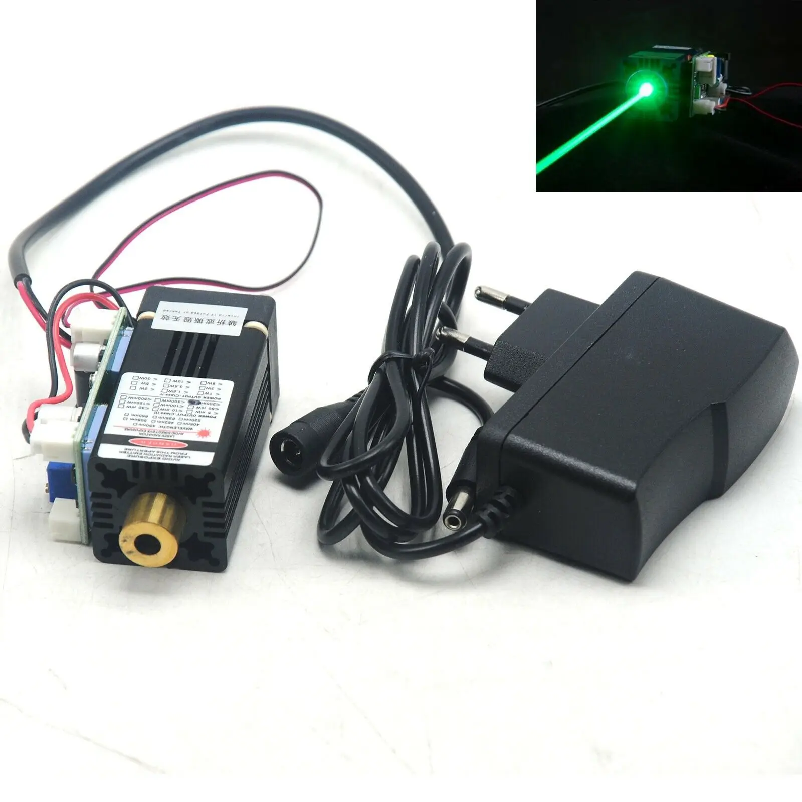 Focusable 515nm 520nm 100mW Dot Green Ray Laser Module Head w/12V Adapter & Fan