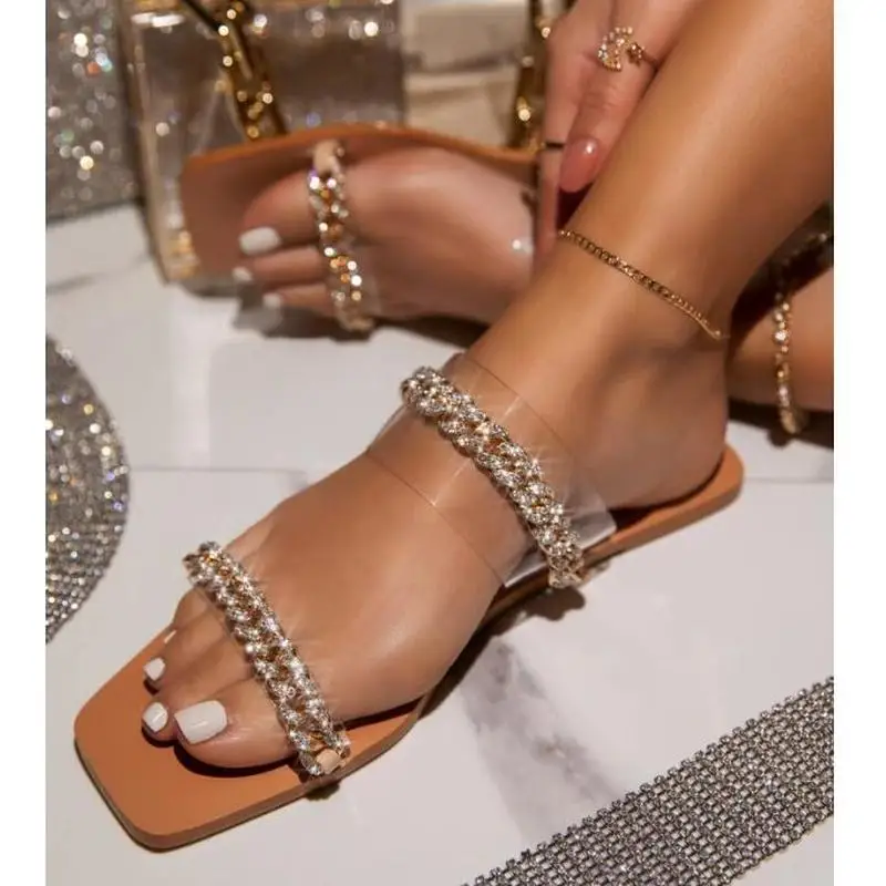 

Women's Slippers Summer Flat Bottom Rhinestone Chain Non-slip Outside Ladies Slides Causal Beach Shoes Woman Flip Flops